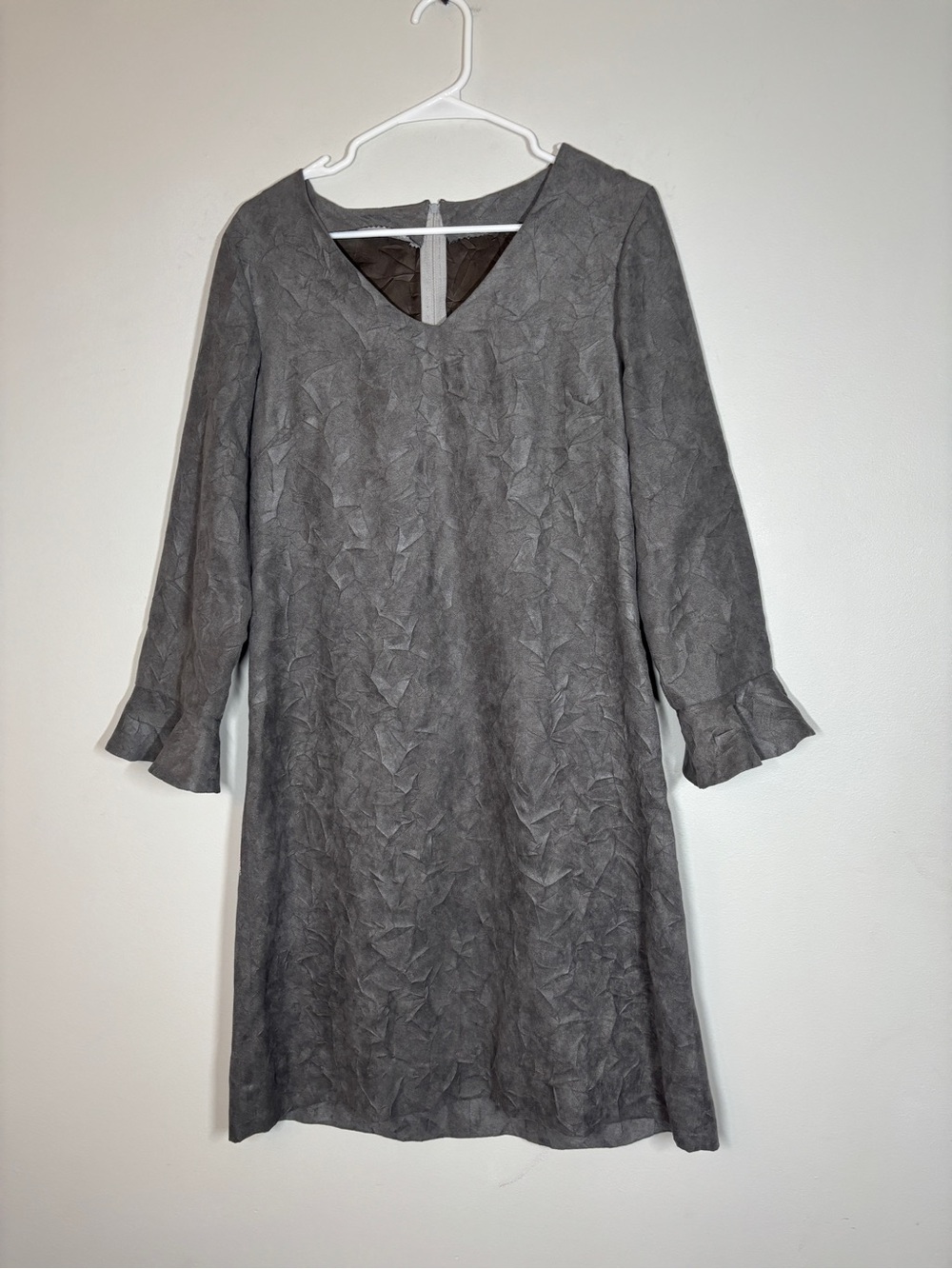 Handmade Textured Gray Long-Sleeve V-Neck Shift Dress